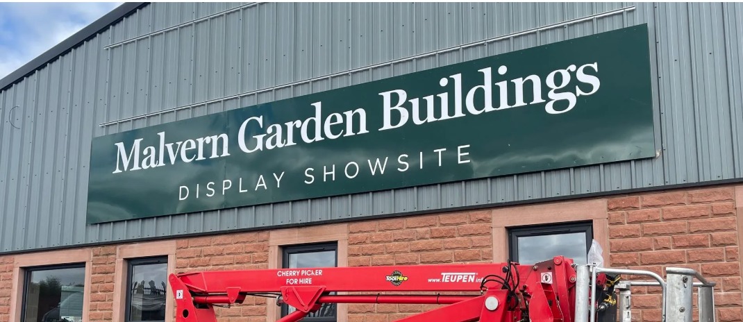 Large Malvern Garden Buildings showsite fascia by VinylFX — large-format business signs Cumbria